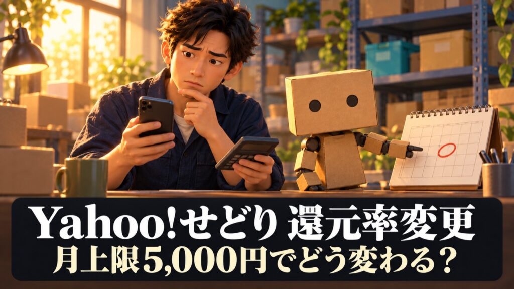 Yahoo!せどりの還元率変更を確認する出品者と段ボールの相棒